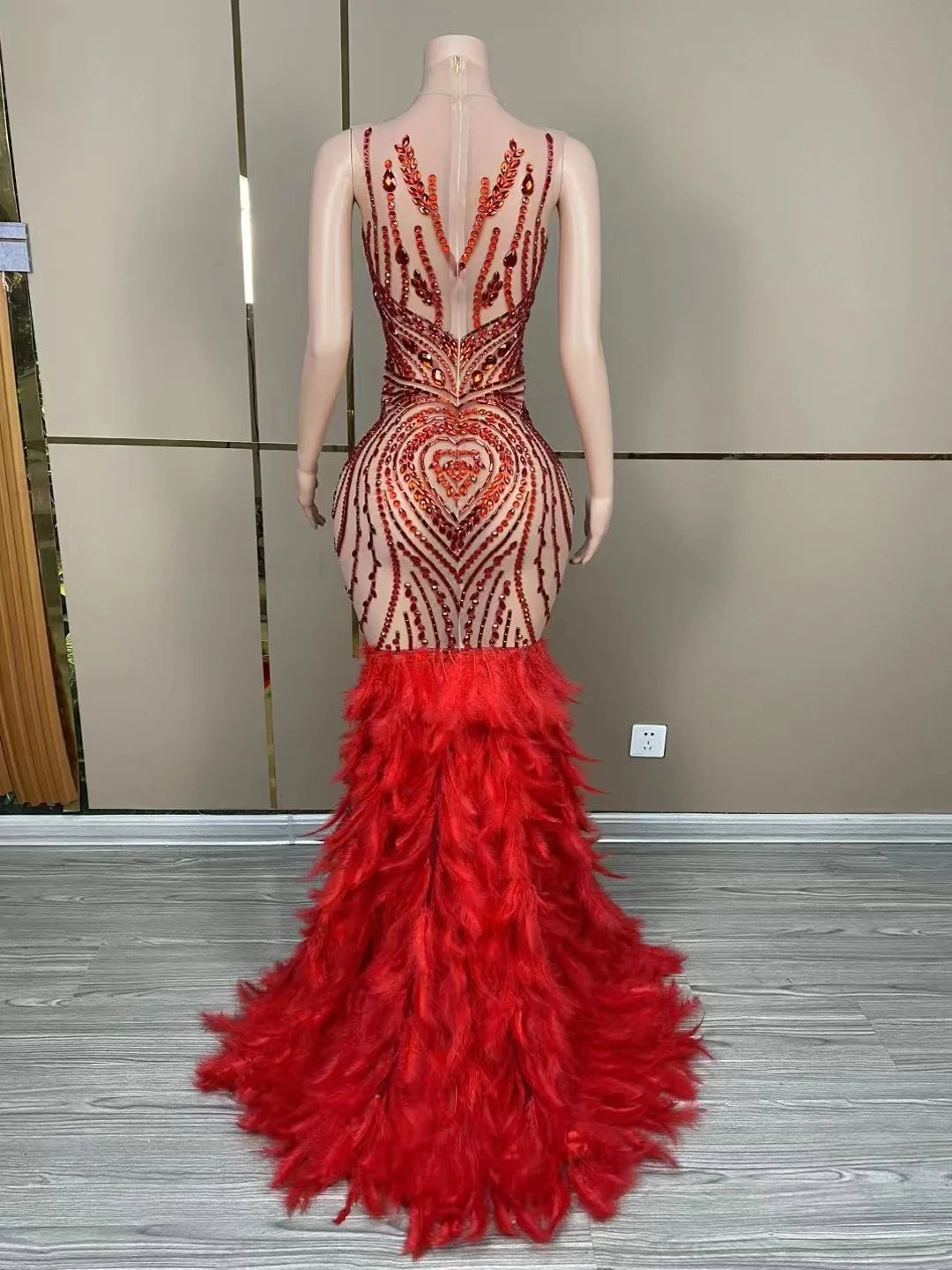 Shinning Red Rhinestones Luxury Feather Sleeveless Sexy Sheath Floor-length Dress Evening Party Prom Performance Costume