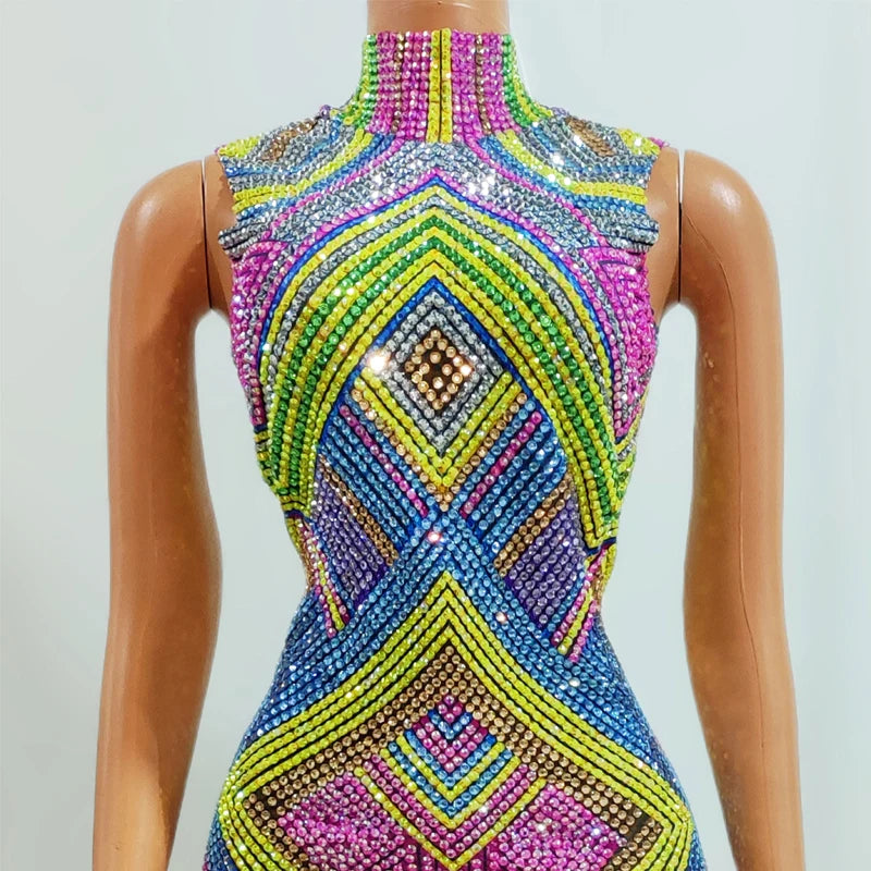 Shiny Colorful Rhinestones Dress Women Celebrate Evening Dresses Singer Gogo Costume Stage Performance Festival Outfit