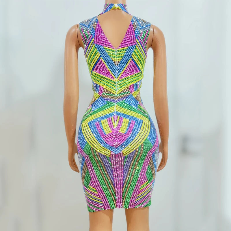 Shiny Colorful Rhinestones Dress Women Celebrate Evening Dresses Singer Gogo Costume Stage Performance Festival Outfit