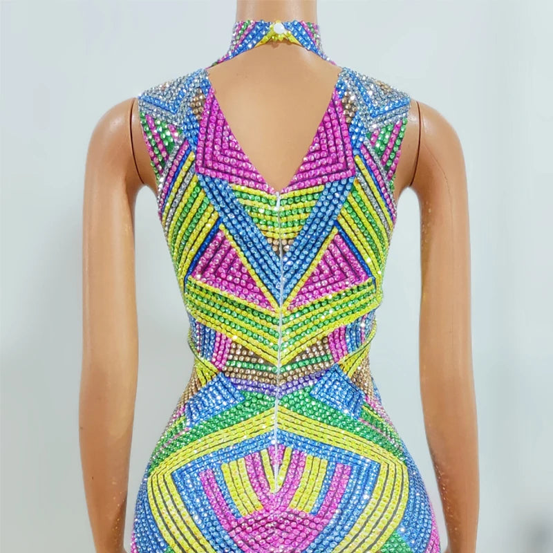 Shiny Colorful Rhinestones Dress Women Celebrate Evening Dresses Singer Gogo Costume Stage Performance Festival Outfit