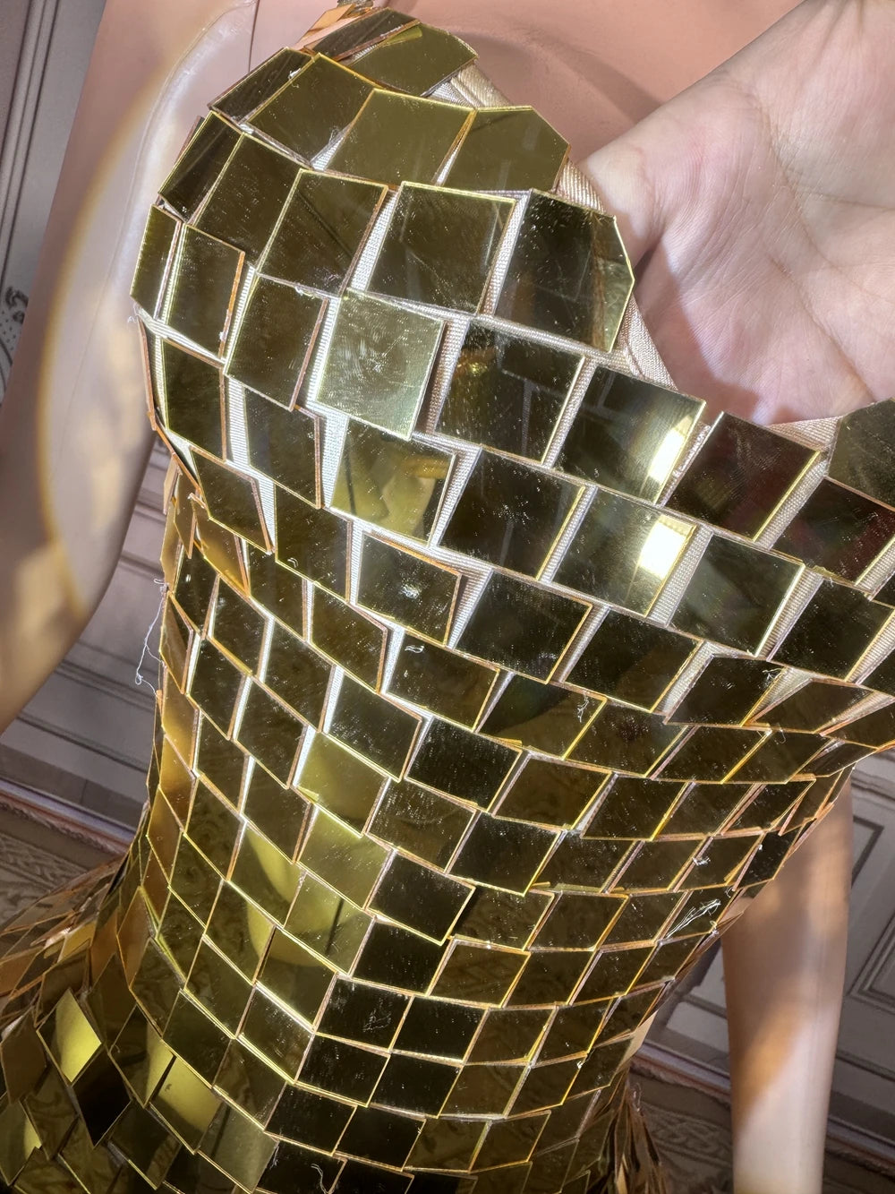 Shiny Gold Mirrors Short Slip Dress Women Singer Dancer Show Stage Wear Performance Nightclub Dance Costume Sexy Birthday Dress