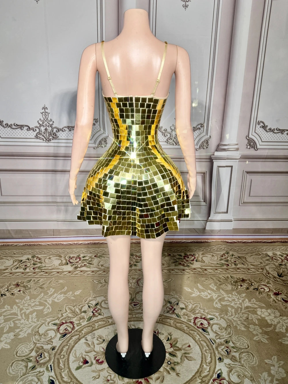 Shiny Gold Mirrors Short Slip Dress Women Singer Dancer Show Stage Wear Performance Nightclub Dance Costume Sexy Birthday Dress