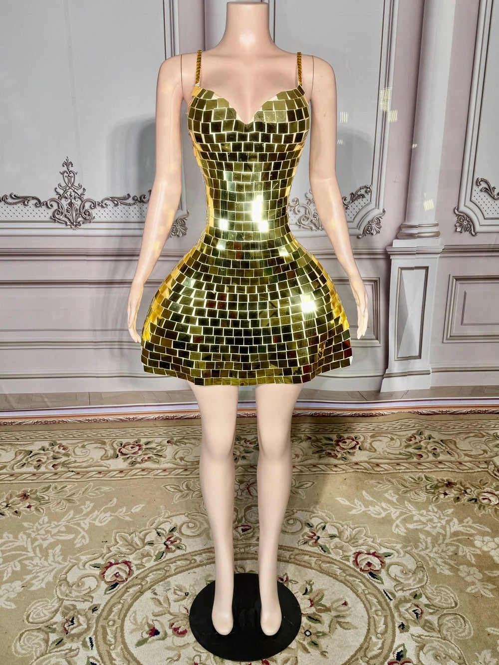 Bling Mirrors V Neck Braces Skirt Women Sexy Evening Birthday Celebrate Party Dress Show Stage Wear Performance Dance Costume