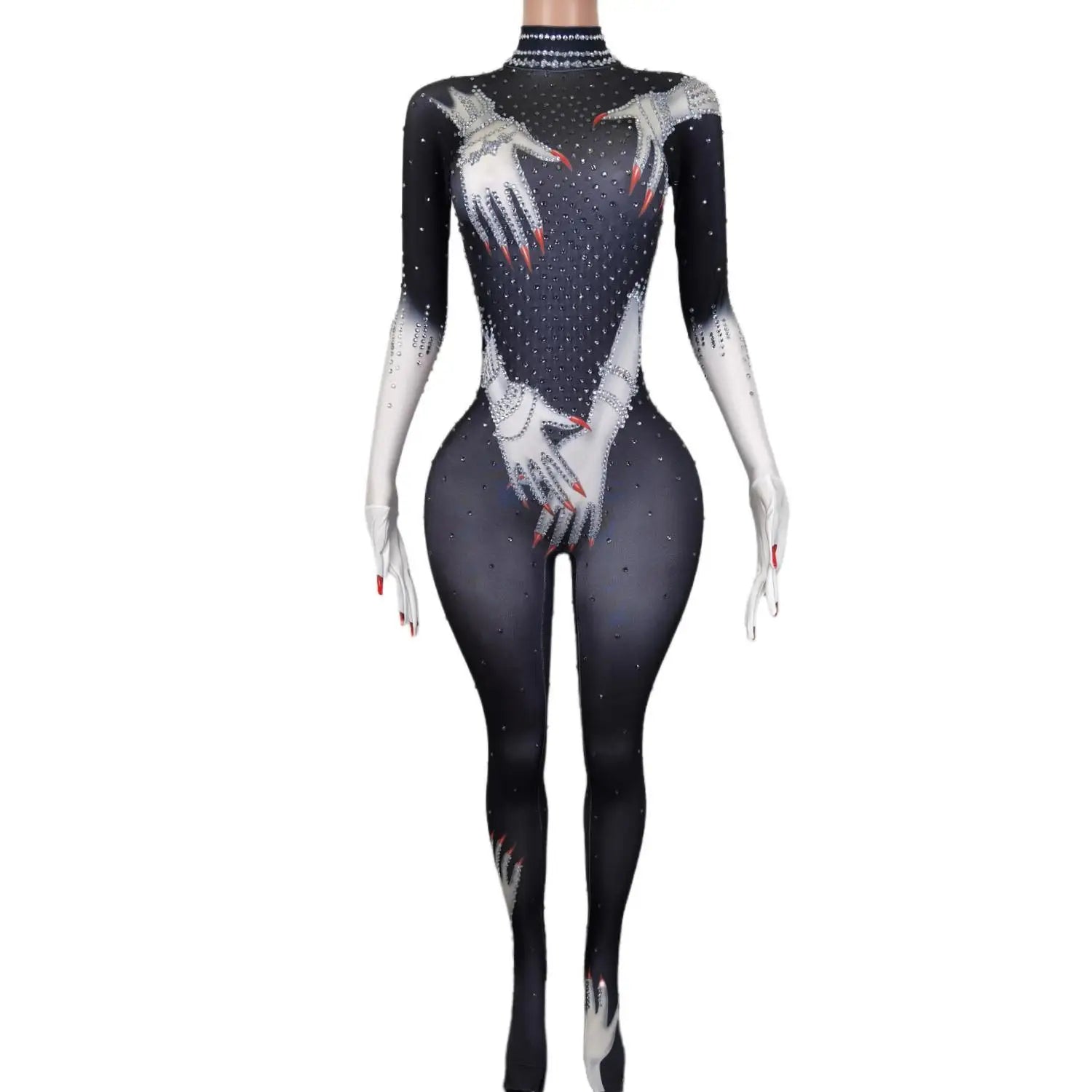 Shiny Red Hands Printed Jumpsuit Gloves Sexy White Performance Costume Singer Show Stage Wear Party Birthday Outfit
