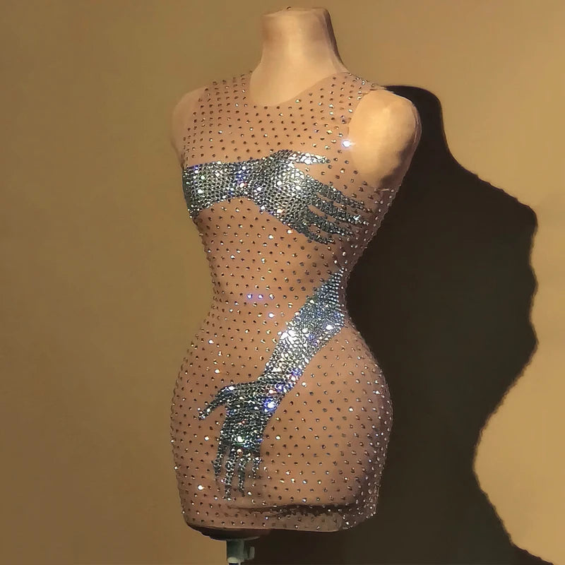 Shiny Rhinestones Dress Women Party Evening Dresses Sexy Pole Dance Dress Gogo Costume Dj Ds Stage Rave Outfit Clubwear