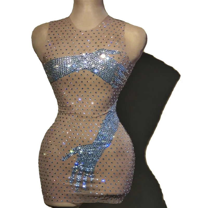 Shiny Rhinestones Dress Women Party Evening Dresses Sexy Pole Dance Dress Gogo Costume Dj Ds Stage Rave Outfit Clubwear