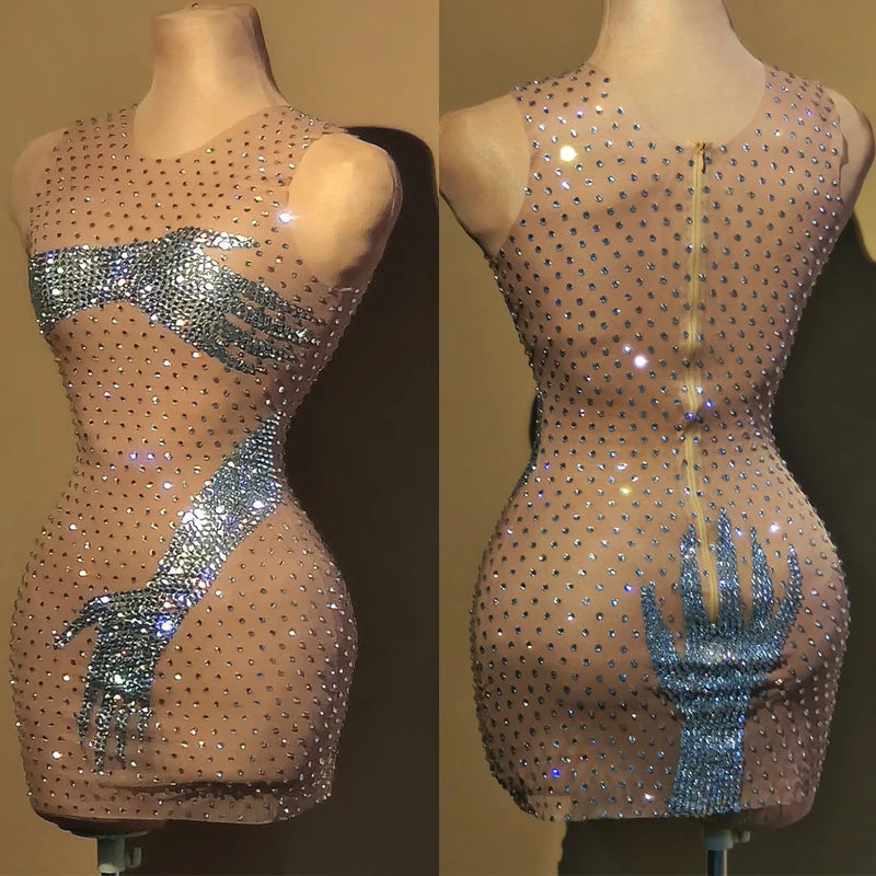 Shiny Rhinestones Dress Women Party Evening Dresses Sexy Pole Dance Dress Gogo Costume Dj Ds Stage Rave Outfit Clubwear