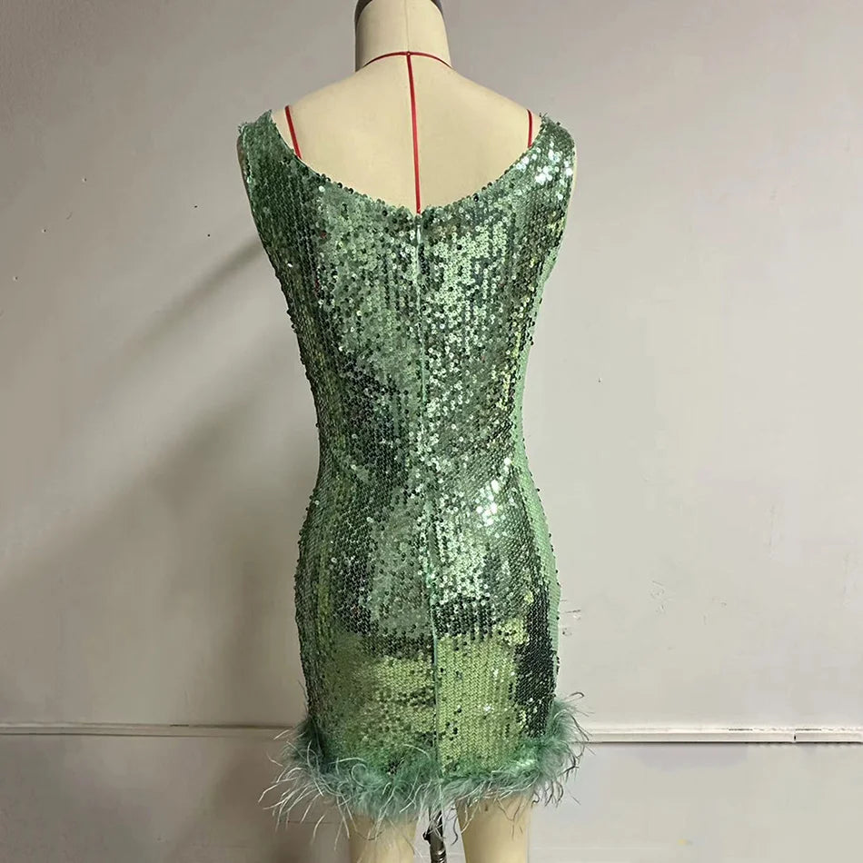 Shiny Sequined Mini Dress Sexy Green Sleeveless Fashion Feather Hem Bodycon Clubwear Women Party