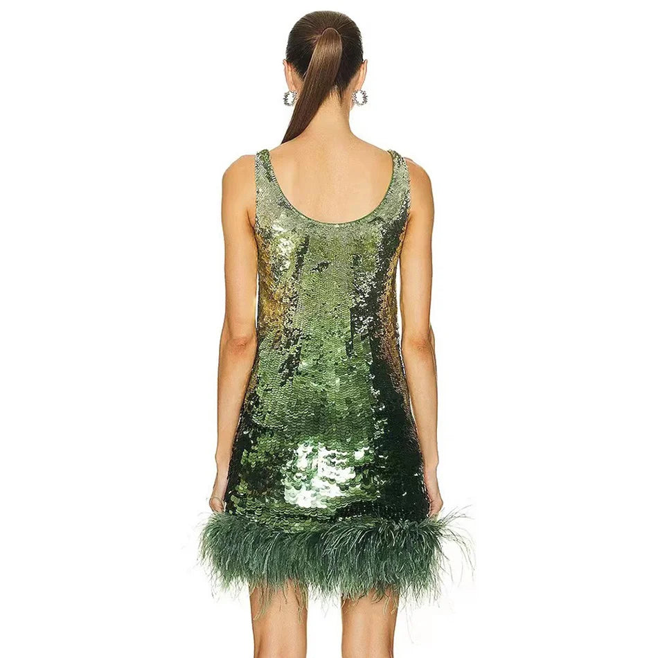 Shiny Sequined Mini Dress Sexy Green Sleeveless Fashion Feather Hem Bodycon Clubwear Women Party