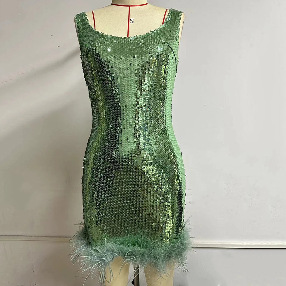 Shiny Sequined Mini Dress Sexy Green Sleeveless Fashion Feather Hem Bodycon Clubwear Women Party