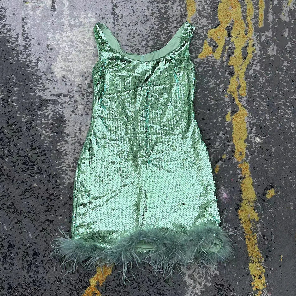 Shiny Sequined Mini Dress Sexy Green Sleeveless Fashion Feather Hem Bodycon Clubwear Women Party