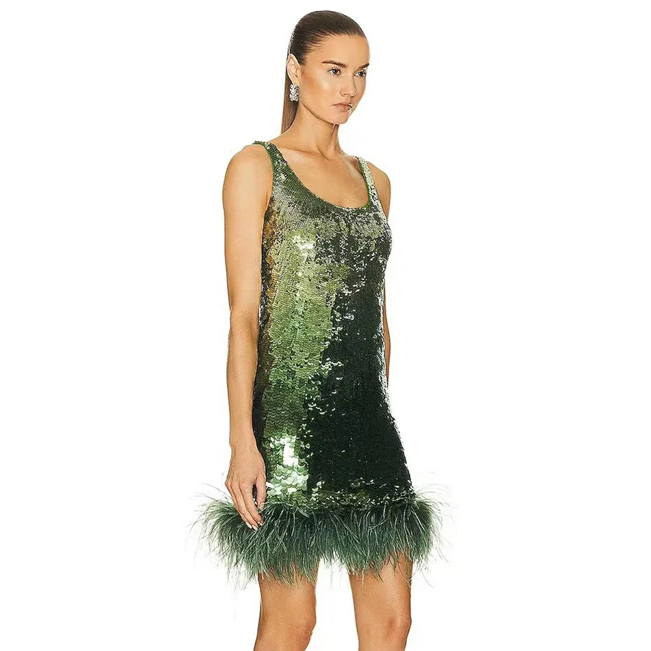 Shiny Sequined Mini Dress Sexy Green Sleeveless Fashion Feather Hem Bodycon Clubwear Women Party