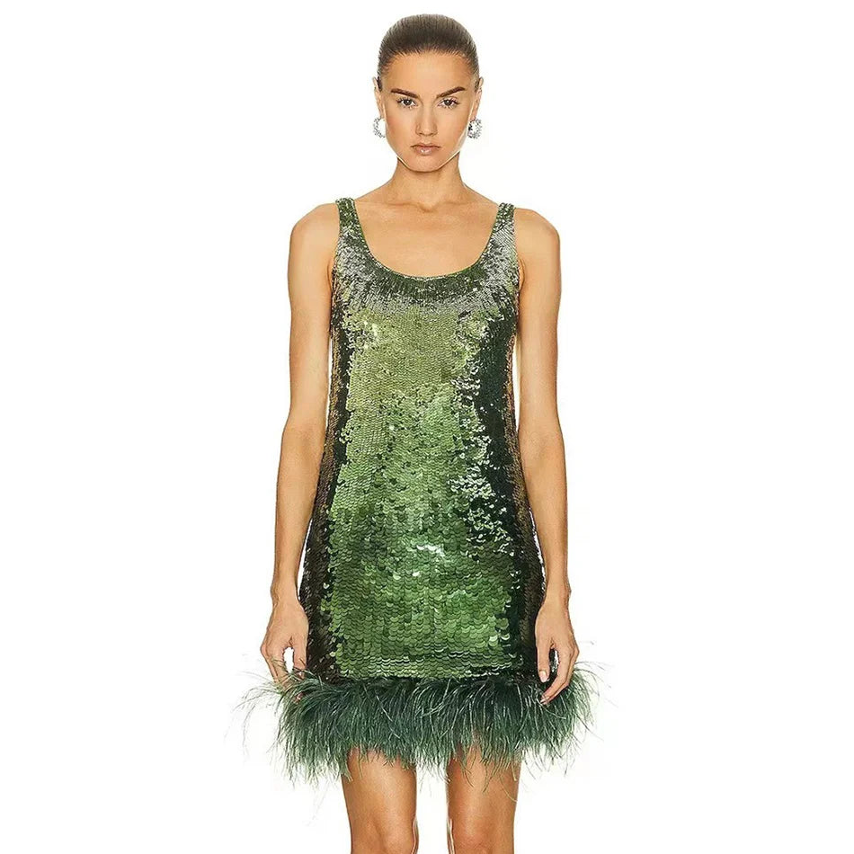 Shiny Sequined Mini Dress Sexy Green Sleeveless Fashion Feather Hem Bodycon Clubwear Women Party