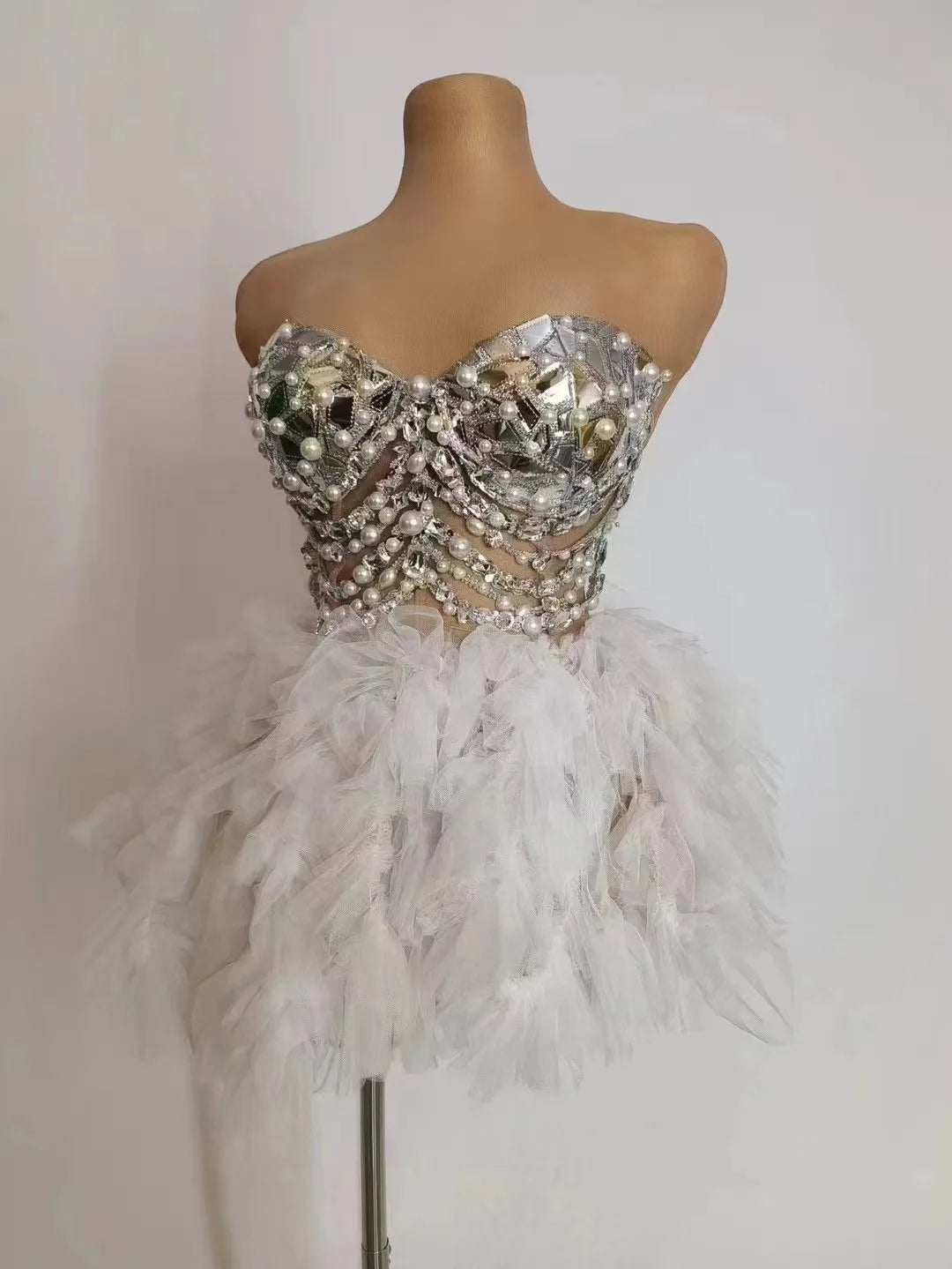 Shiny Silver Pearls Sequins Dress Women Party Lace Dress Stage Celebrate Evening Club Gogo Costume Festival Photoshoot Outfit