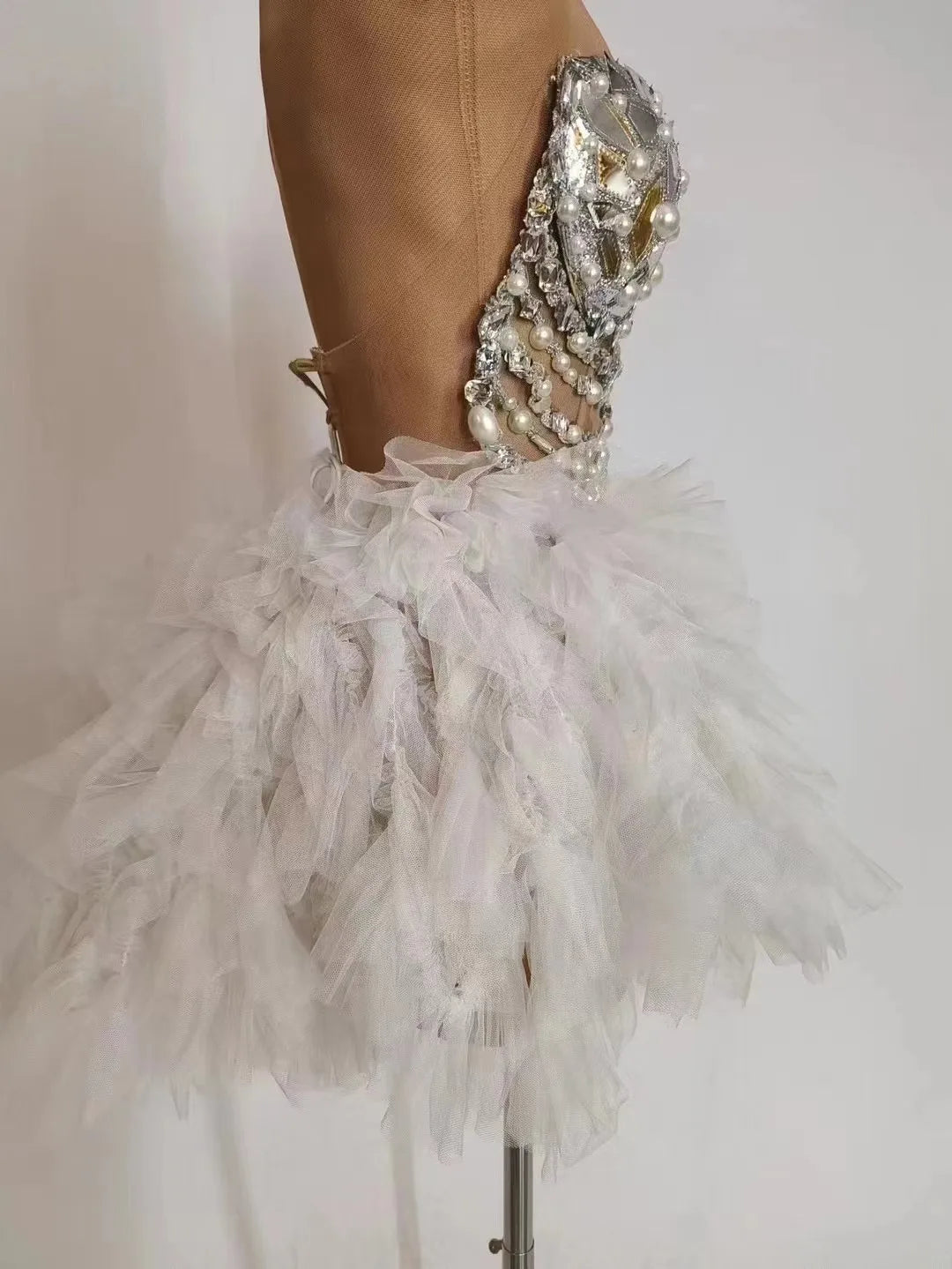 Shiny Silver Pearls Sequins Dress Women Party Lace Dress Stage Celebrate Evening Club Gogo Costume Festival Photoshoot Outfit