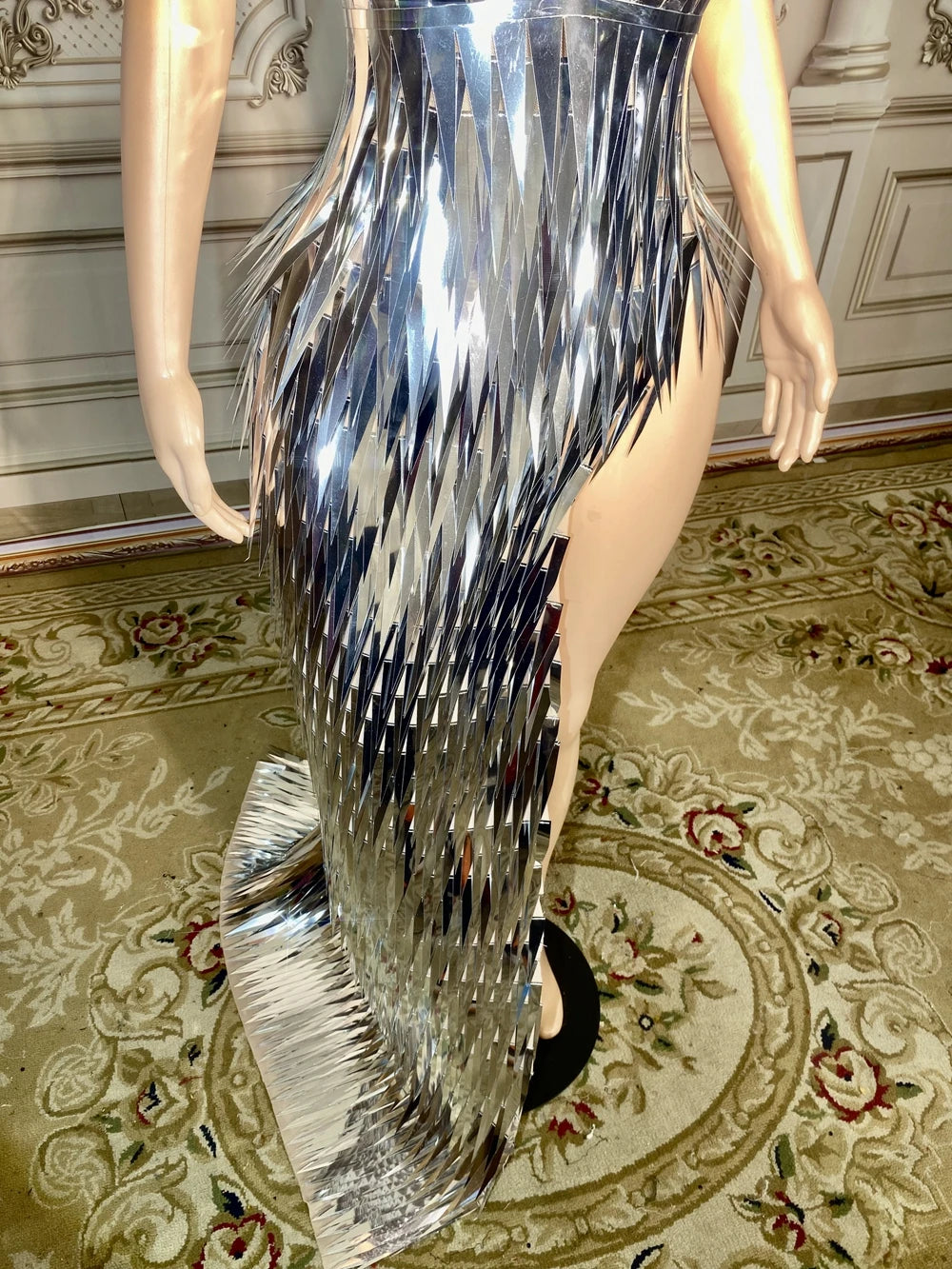 Shiny Silver Sequins Long Train Tube Dress Sexy Evening Prom Birthday Celebrate Dress Women Photo Shoot Wear Stage Costume