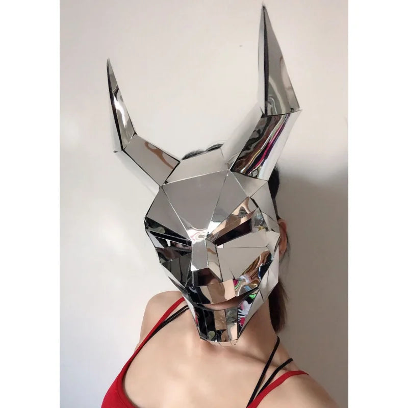 Silver Mirror 3d Horned Demon Mask Cosplay Leopard Tiger Helmet Rave Animal Headdress Music Festival DJ Mask Club Dance Props
