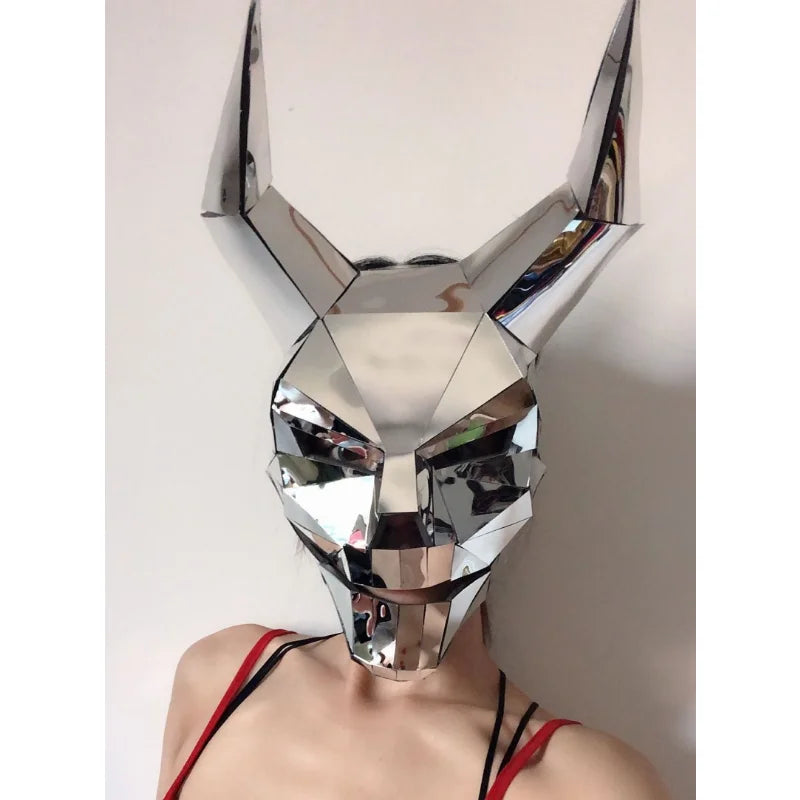 Silver Mirror 3d Horned Demon Mask Cosplay Leopard Tiger Helmet Rave Animal Headdress Music Festival DJ Mask Club Dance Props