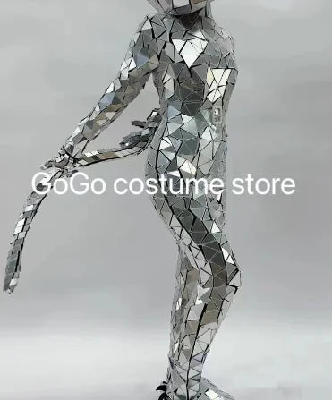 Silver Mirror Cat Head Mask Jumpsuit Cosplay Shiny Helmet Animal Head Rave Mask Stage Costume Props Music Festival Singer Wear