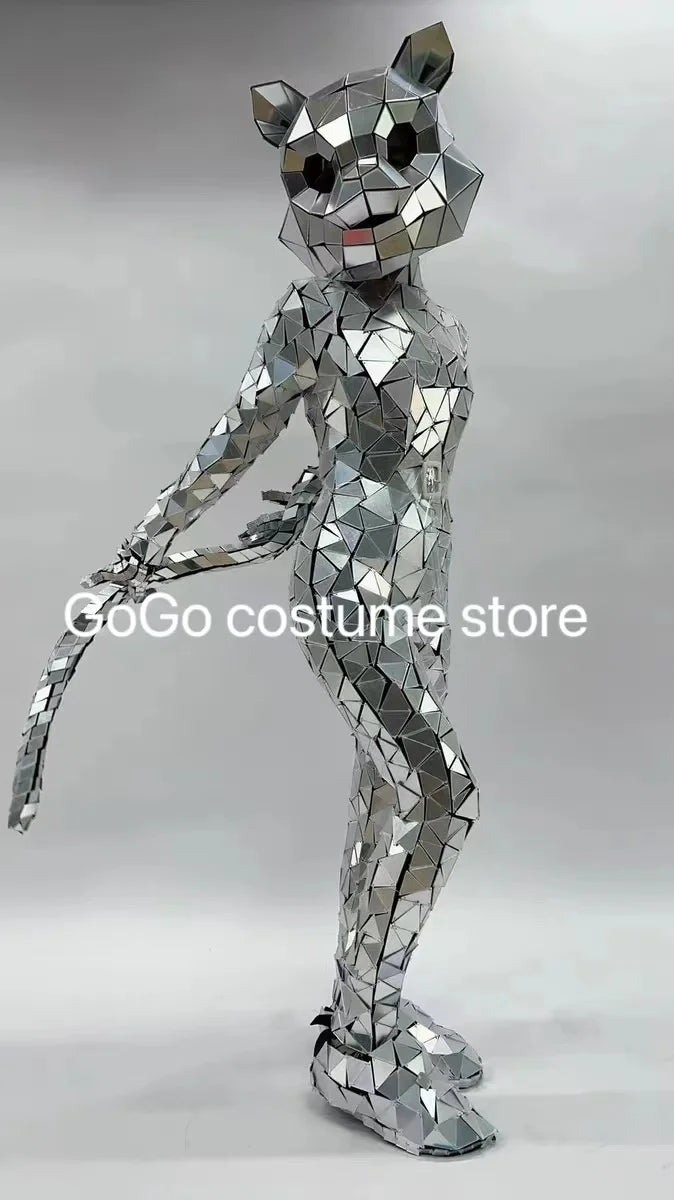 Silver Mirror Cat Head Mask Jumpsuit Cosplay Shiny Helmet Animal Head Rave Mask Stage Costume Props Music Festival Singer Wear