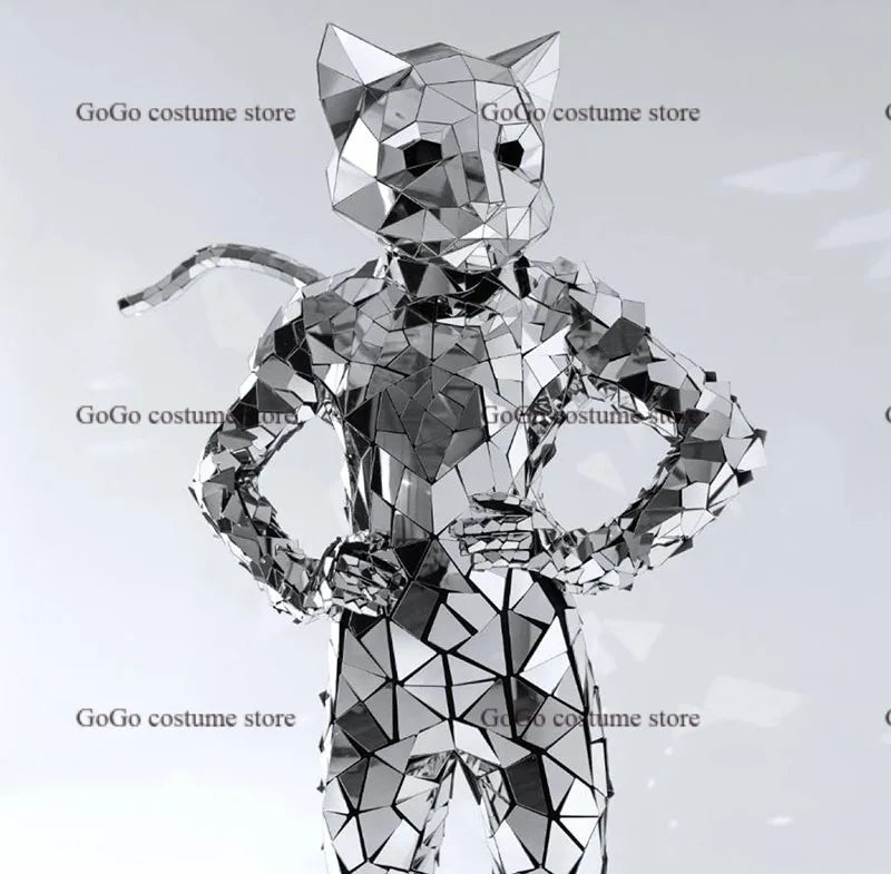 Silver Mirror Cat Head Mask Jumpsuit Cosplay Shiny Helmet Animal Head Rave Mask Stage Costume Props Music Festival Singer Wear