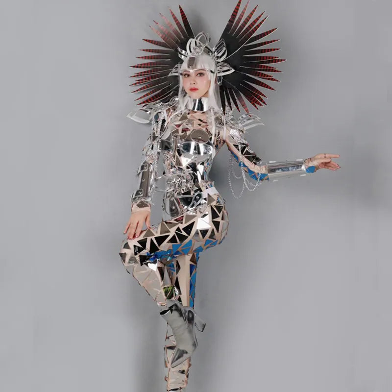 Silver Mirrors Jumpsuit Women Cosplay Gogo Dancer Costumes Festival Rave Outfit Party Ds Dj Stage Performance Clothing