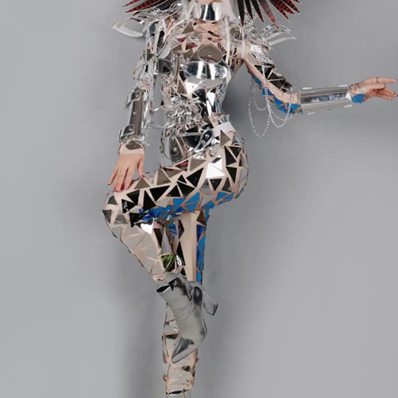 Silver Mirrors Jumpsuit Women Cosplay Gogo Dancer Costumes Festival Rave Outfit Party Ds Dj Stage Performance Clothing