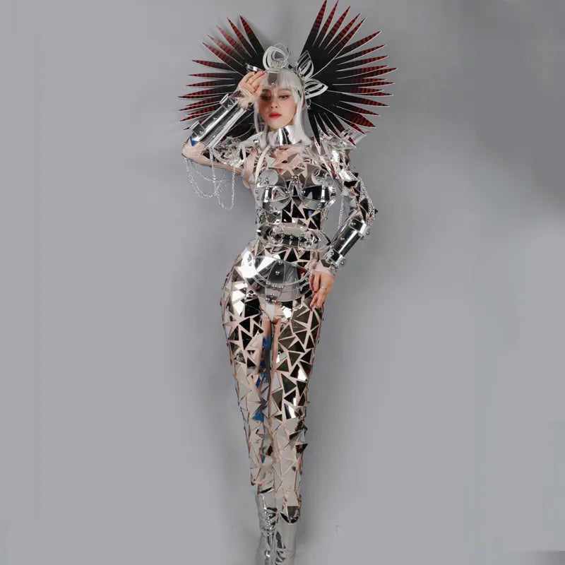 Silver Mirrors Jumpsuit Women Cosplay Gogo Dancer Costumes Festival Rave Outfit Party Ds Dj Stage Performance Clothing