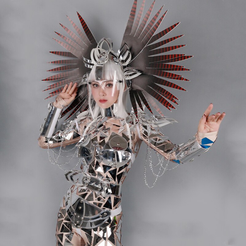 Silver Mirrors Jumpsuit Women Cosplay Gogo Dancer Costumes Festival Rave Outfit Party Ds Dj Stage Performance Clothing