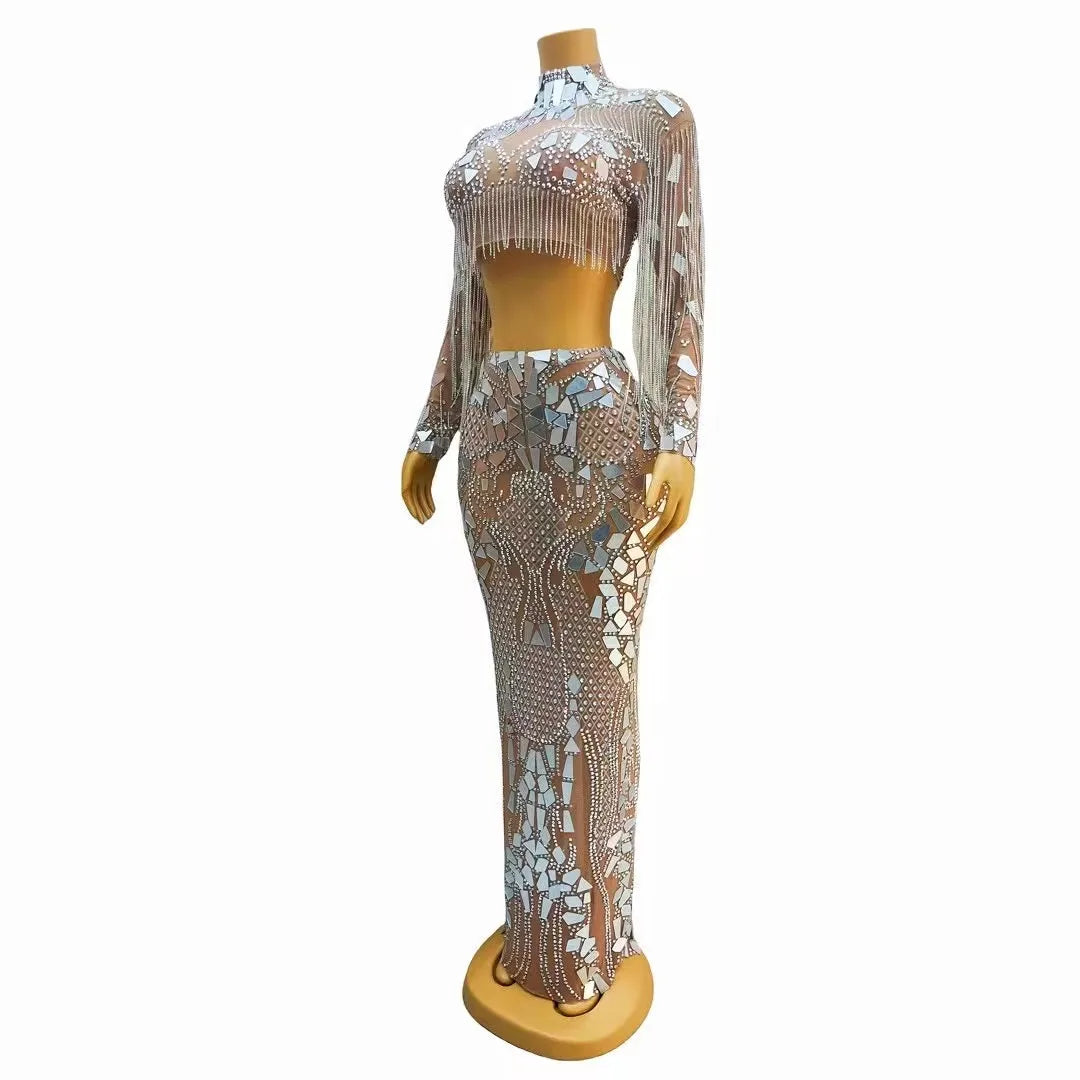 Silver Mirrors Rhinestones Chains Dress 2pcs Set Mesh Stretch Crystals Fringes Outfit Gowns