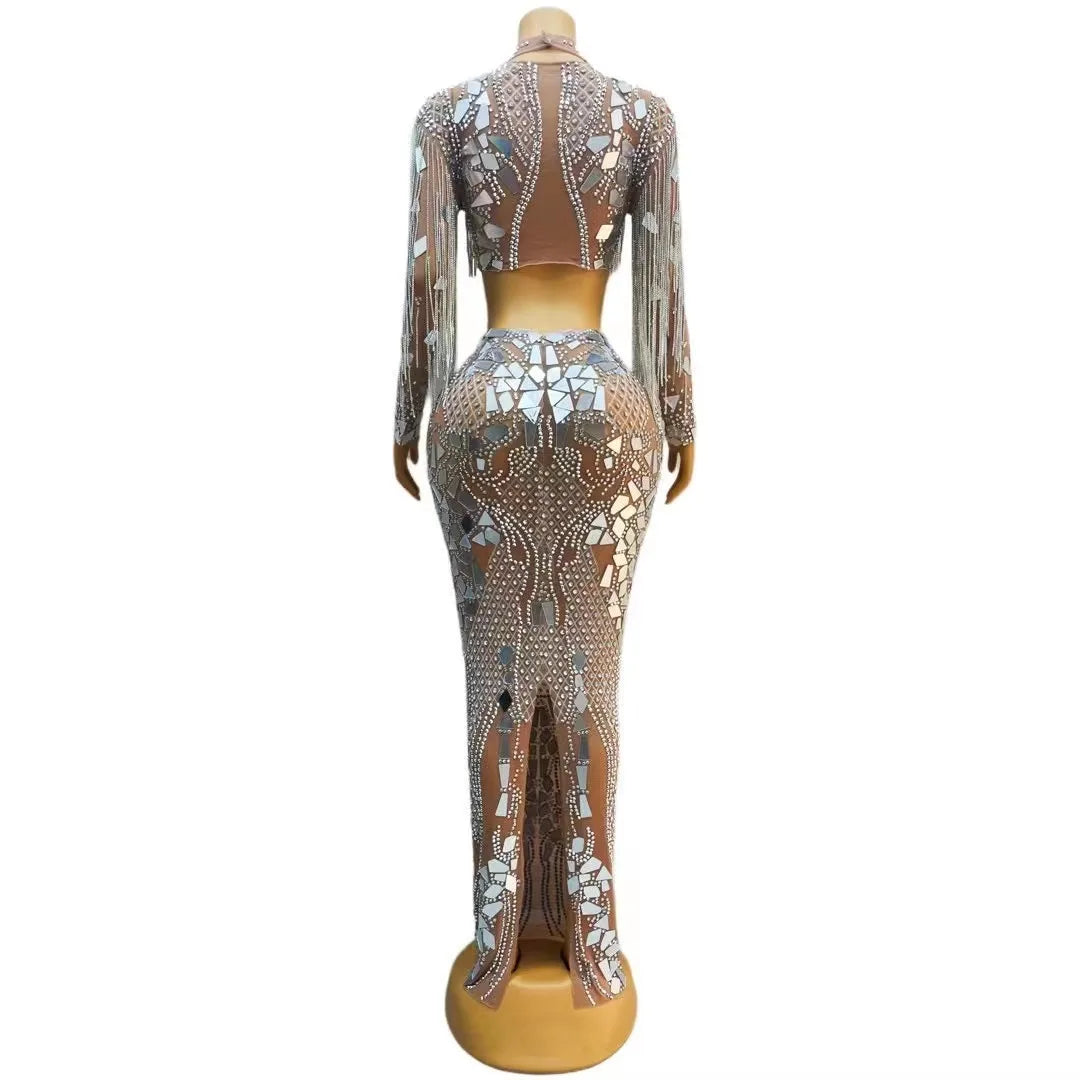 Silver Mirrors Rhinestones Chains Dress 2pcs Set Mesh Stretch Crystals Fringes Outfit Gowns