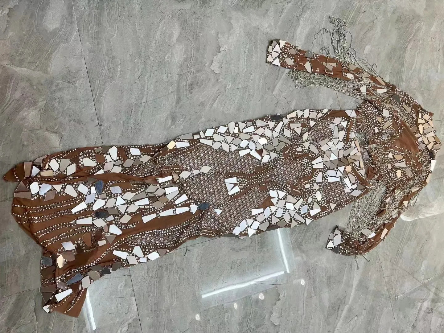 Silver Mirrors Rhinestones Chains Dress 2pcs Set Mesh Stretch Crystals Fringes Outfit Gowns