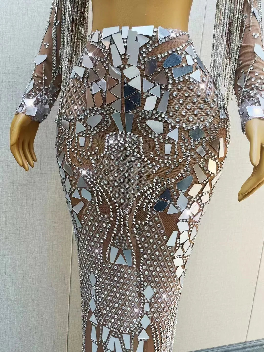 Silver Mirrors Rhinestones Chains Dress 2pcs Set Mesh Stretch Crystals Fringes Outfit Gowns