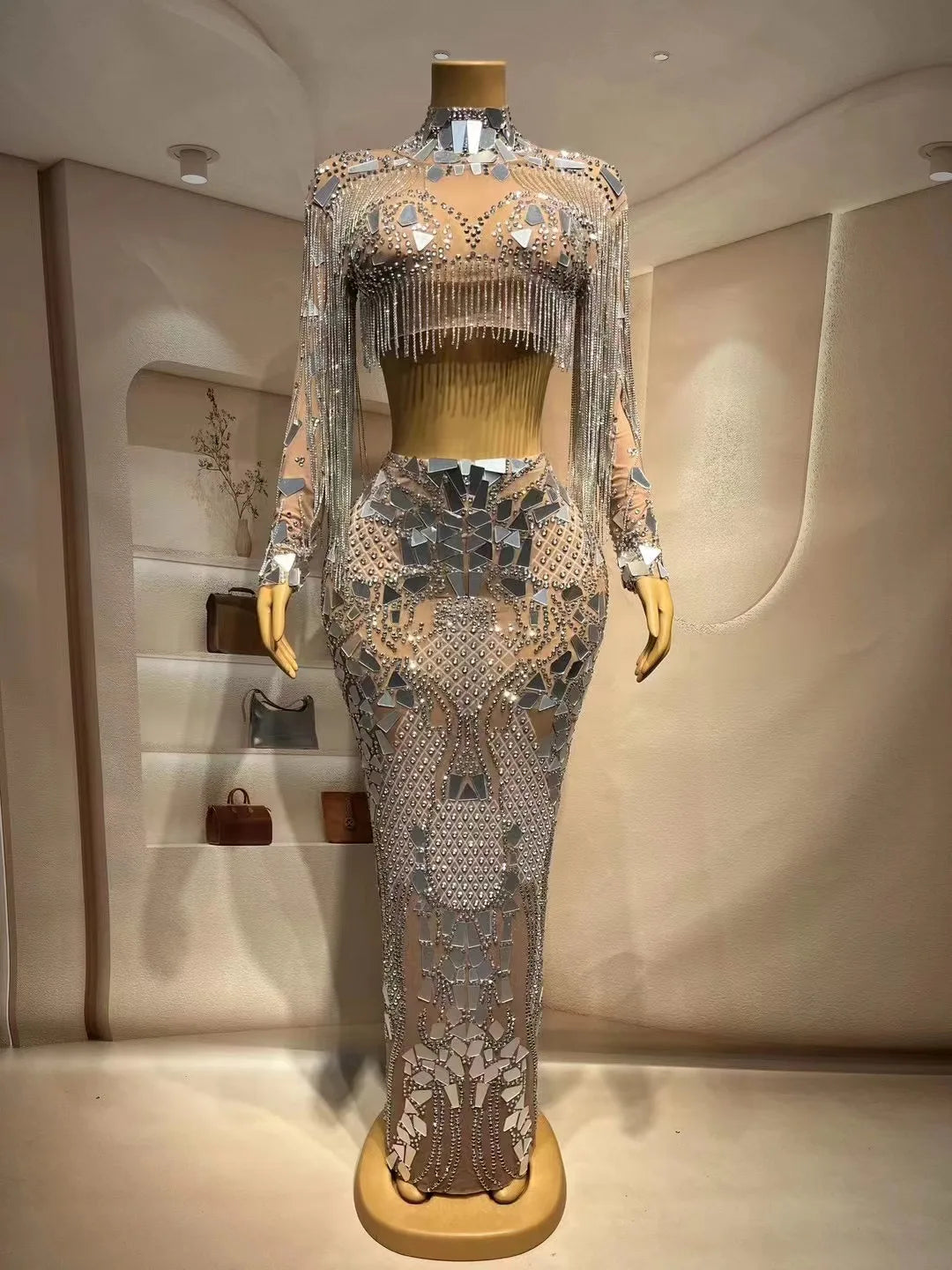 Silver Mirrors Rhinestones Chains Dress 2pcs Set Mesh Stretch Crystals Fringes Outfit Gowns