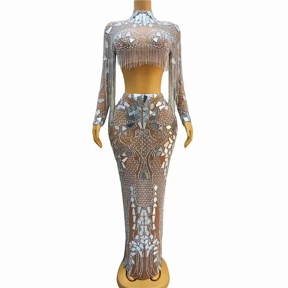 Silver Mirrors Rhinestones Chains Dress 2pcs Set Mesh Stretch Crystals Fringes Outfit Gowns