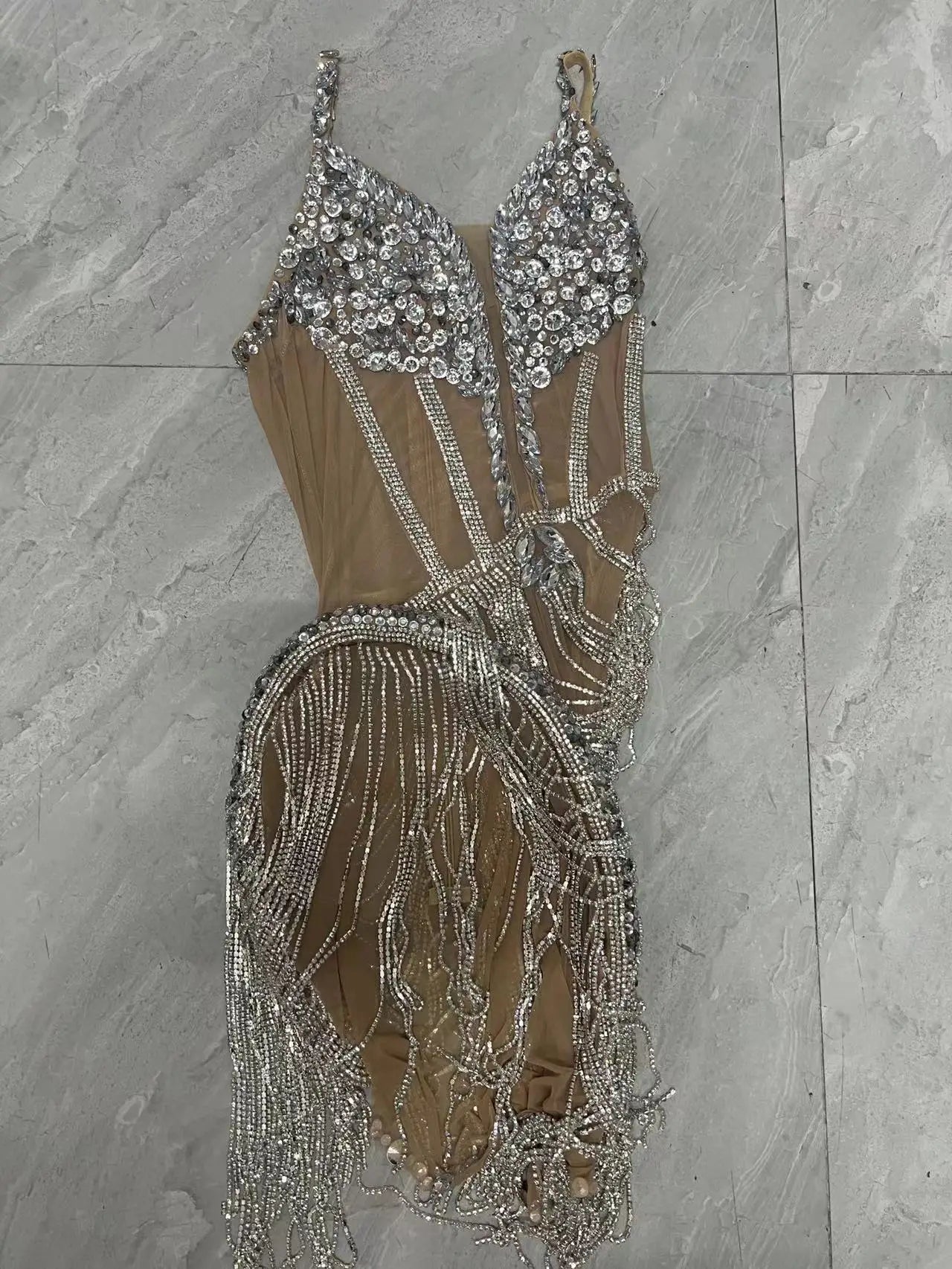 Silver Rhinestone Chains Fringes Sexy Dress Evening Birthday Celebrate Prom Party Outfit Costume Women Dancer Show Dress