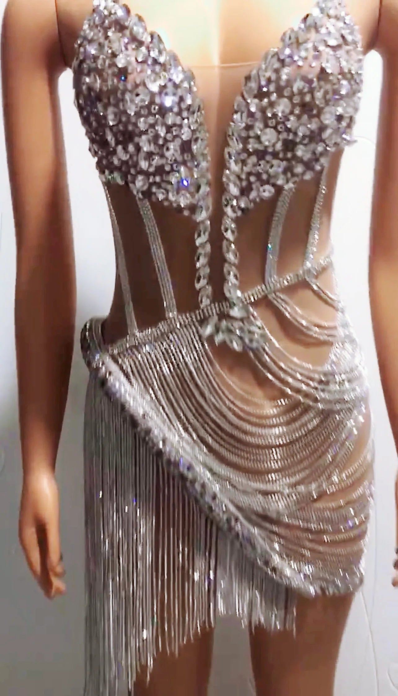 Silver Rhinestone Chains Fringes Sexy Dress Evening Birthday Celebrate Prom Party Outfit Costume Women Dancer Show Dress