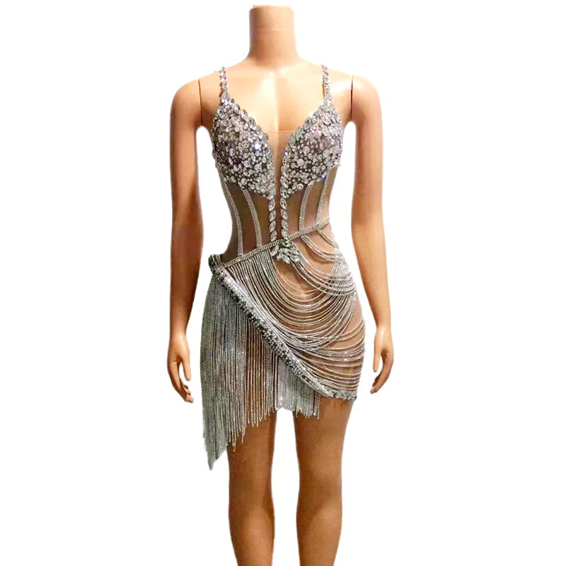Silver Rhinestone Chains Fringes Sexy Dress Evening Birthday Celebrate Prom Party Outfit Costume Women Dancer Show Dress