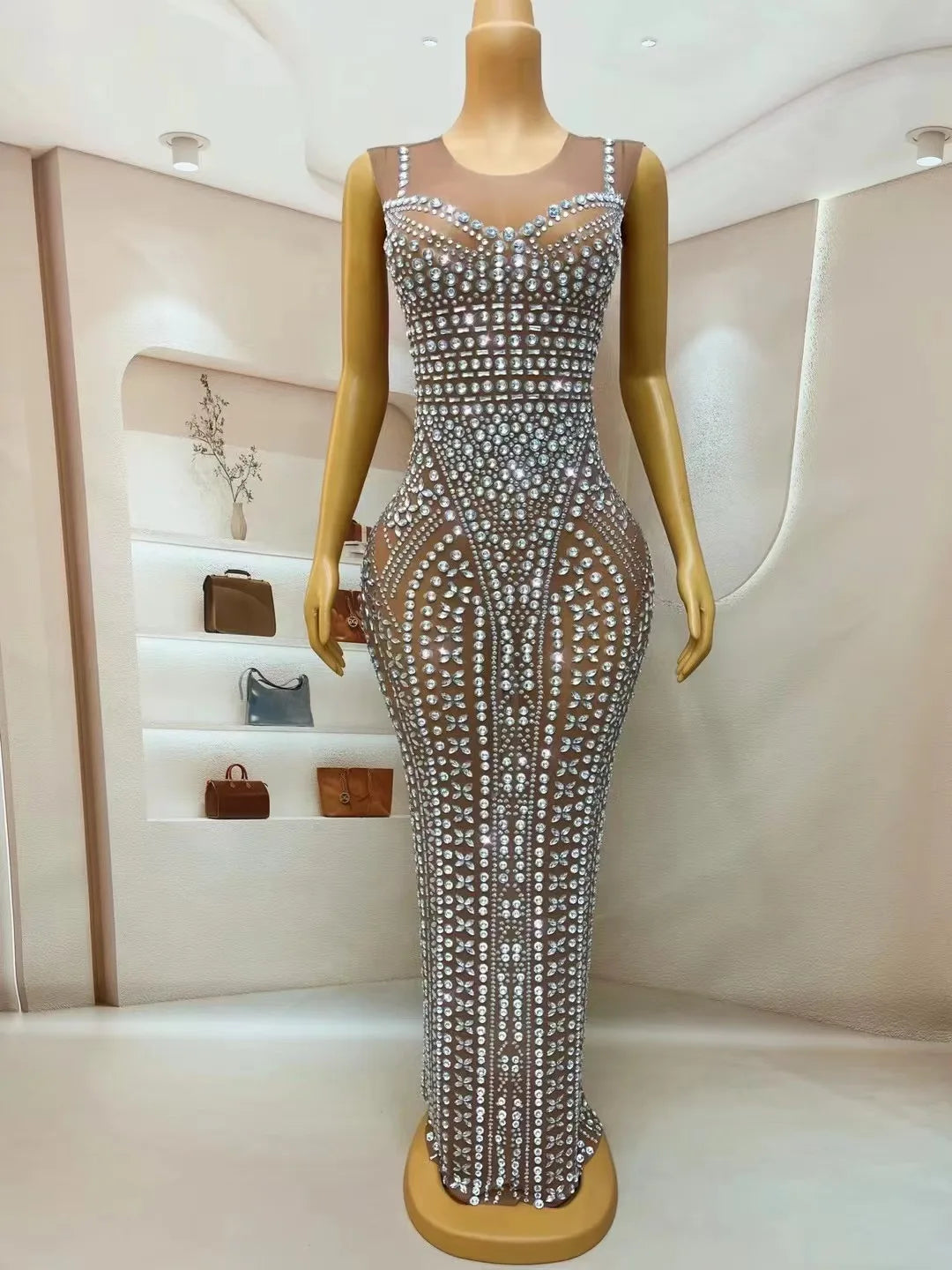 Silver Rhinestones Brown Transparent Dress Birthday Celebrate Evening Stretch Costume Sexy Dance Performance Photo Shoot Gowns