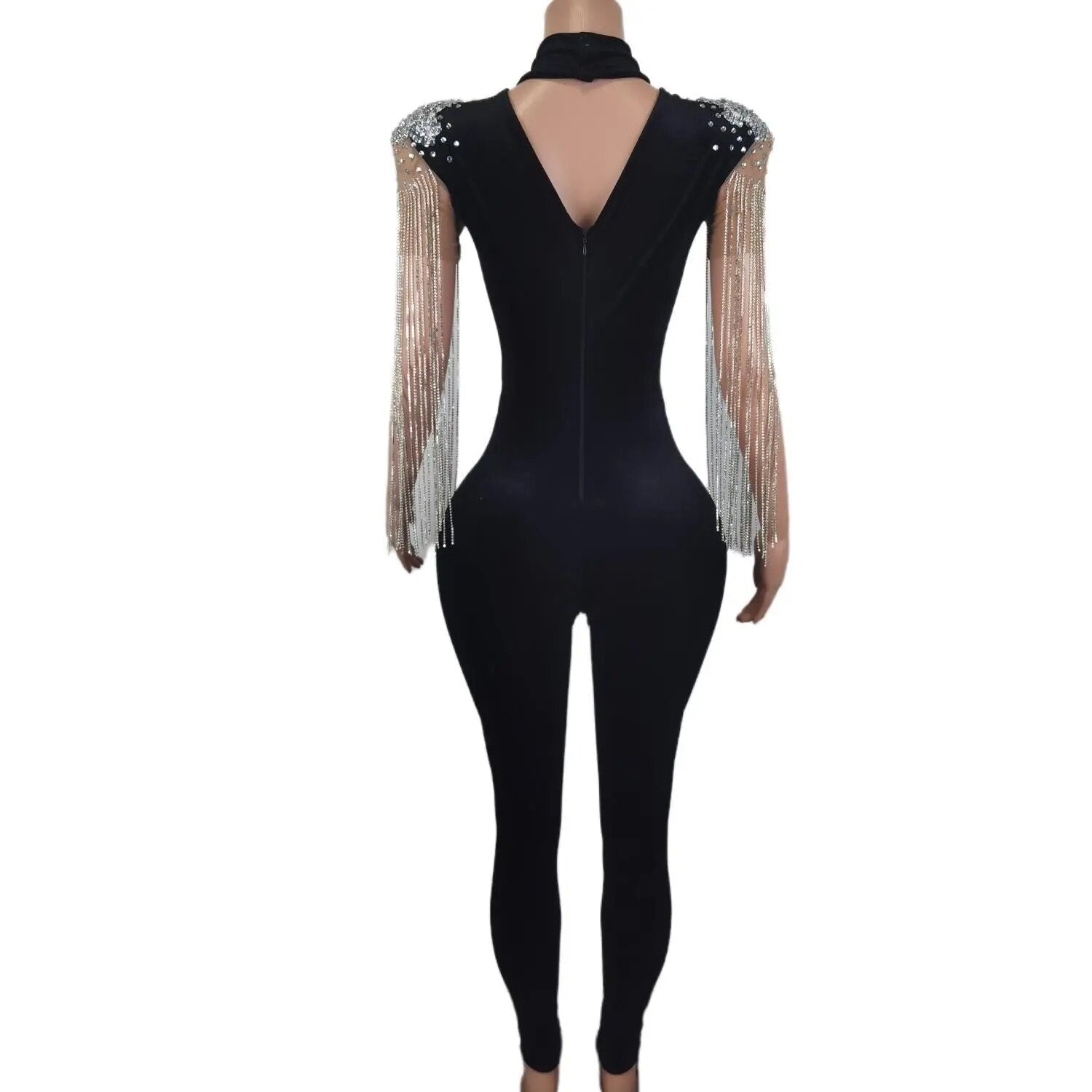Silver Rhinestones Fringe Transparent Jumpsuit Women Black Velvet Stretch Leggings Dance Outfit Singer Costume Wear 