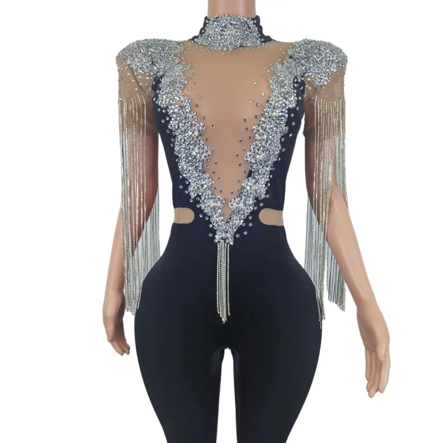 Silver Rhinestones Fringe Transparent Jumpsuit Women Black Velvet Stretch Leggings Dance Outfit Singer Costume Wear 