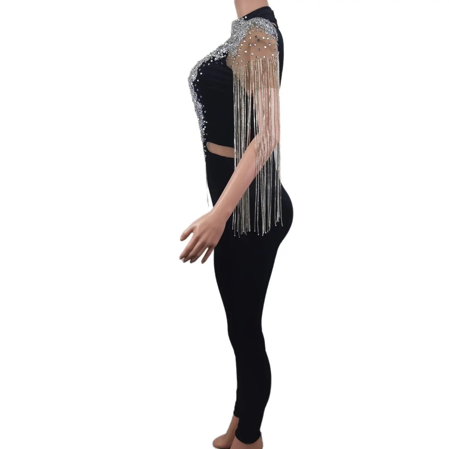 Silver Rhinestones Fringe Transparent Jumpsuit Women Black Velvet Stretch Leggings Dance Outfit Singer Costume Wear 