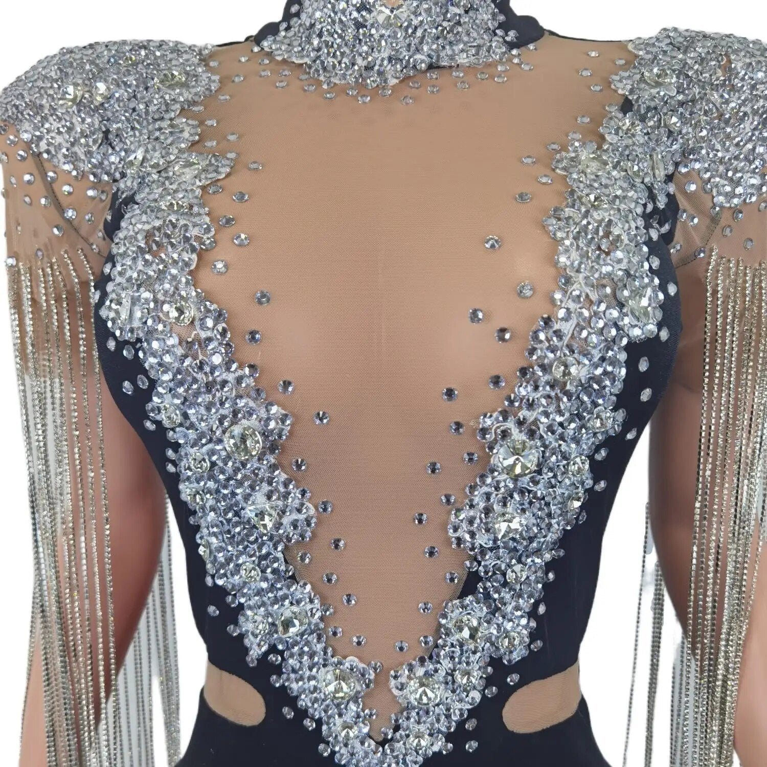 Silver Rhinestones Fringe Transparent Jumpsuit Women Black Velvet Stretch Leggings Dance Outfit Singer Costume Wear 