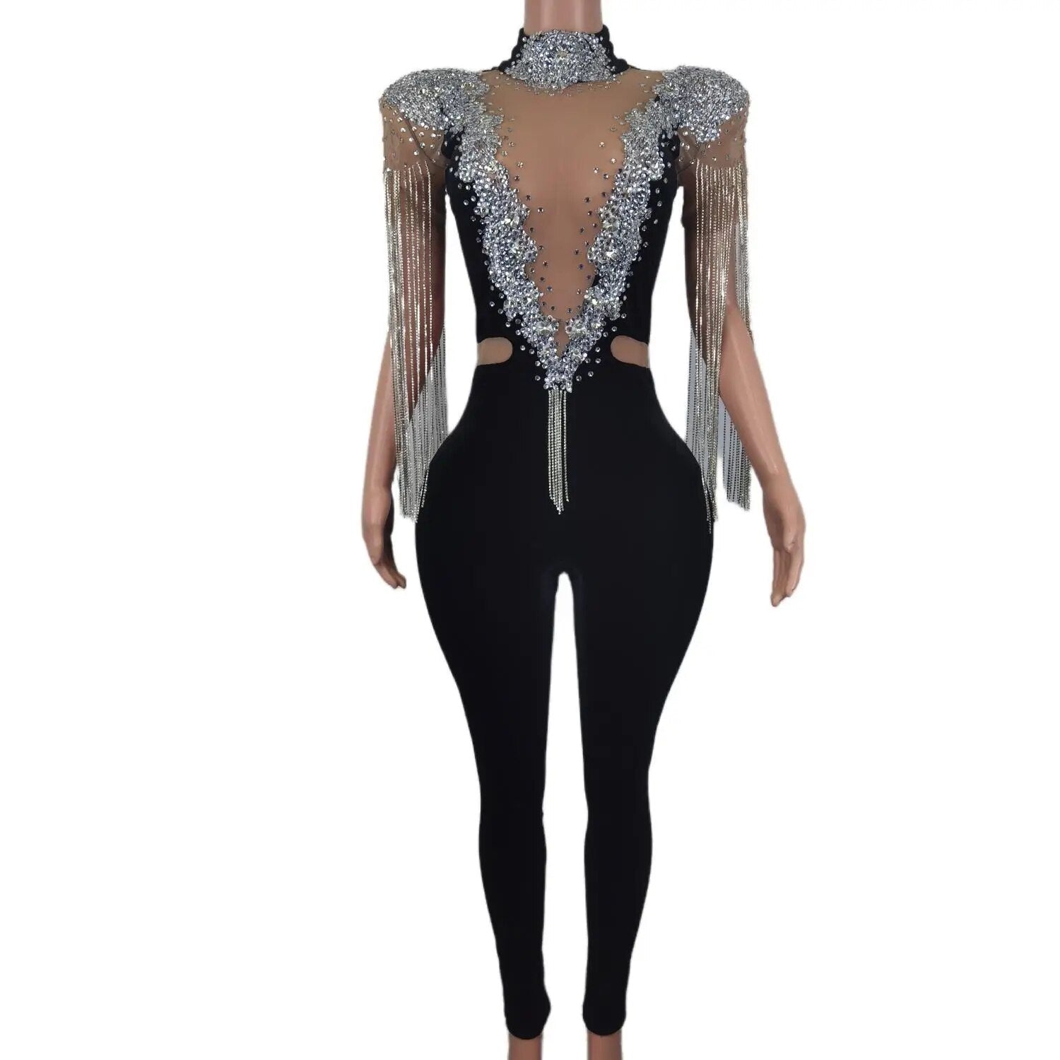 Sparkly Rhinestones Chain Stretch Velvet Jumpsuit Evening Birthday Celebrate Bodysuit Outfit Crystal Stage Sexy Costume 