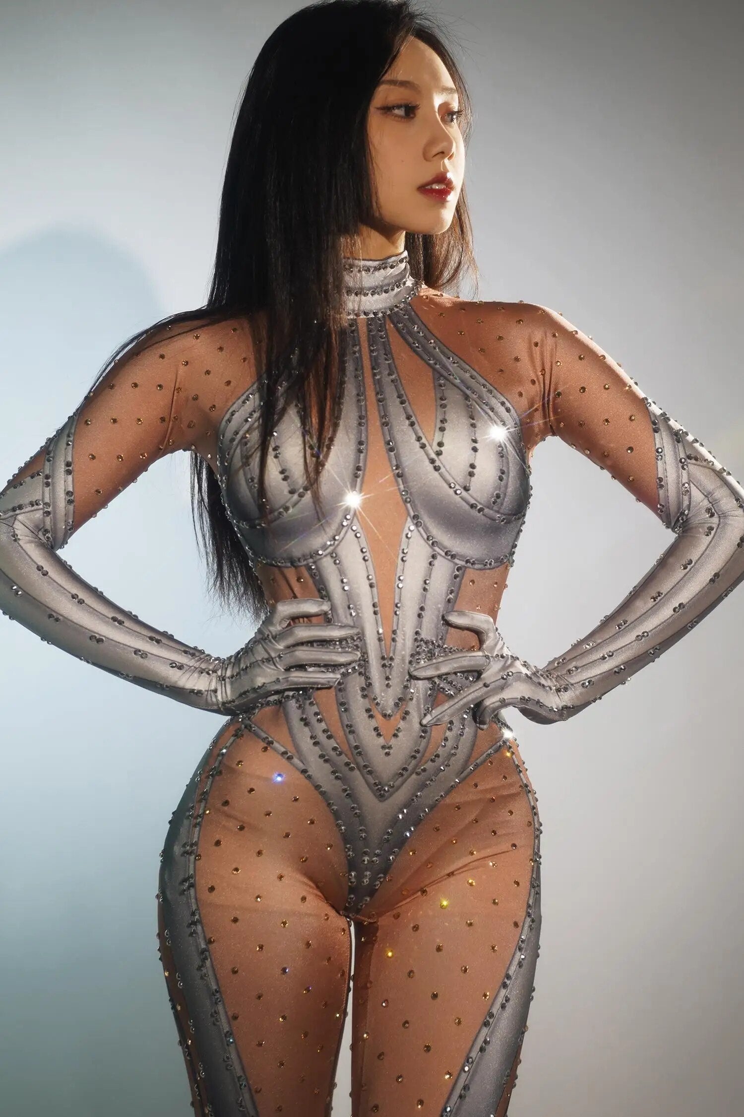 Silver Rhinestones Sexy Nude Golves Jumpsuit Women Dance Stretch Bodysuit Outfit Evening Singer Performance Costume