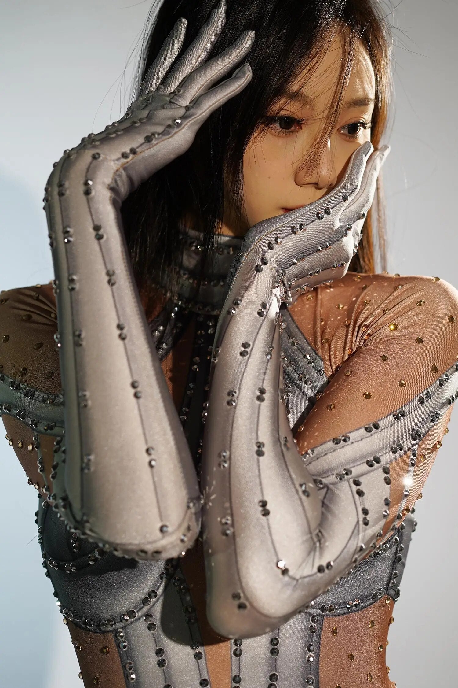 Silver Rhinestones Sexy Nude Golves Jumpsuit Women Dance Stretch Bodysuit Outfit Evening Singer Performance Costume