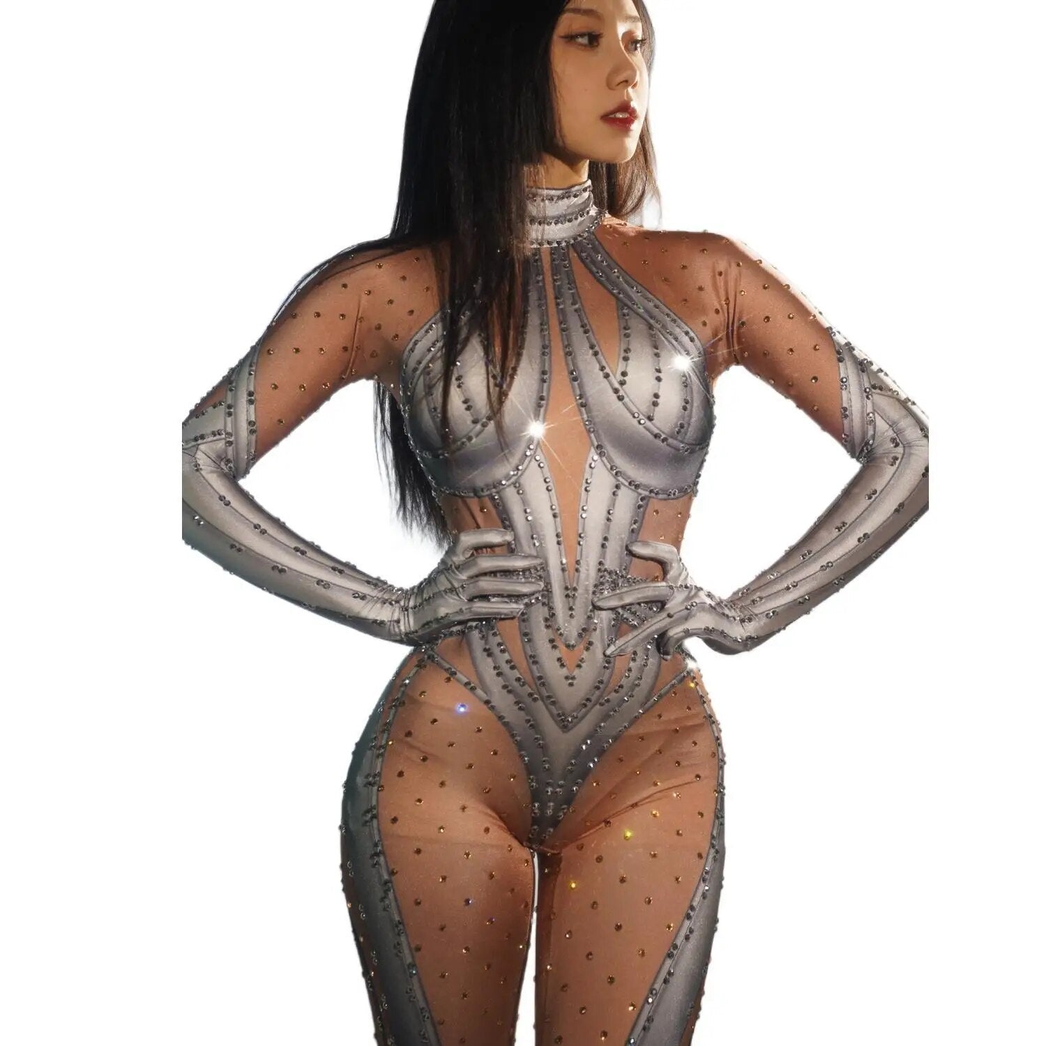 Silver Rhinestones Sexy Nude Golves Jumpsuit Women Dance Stretch Bodysuit Outfit Evening Singer Performance Costume