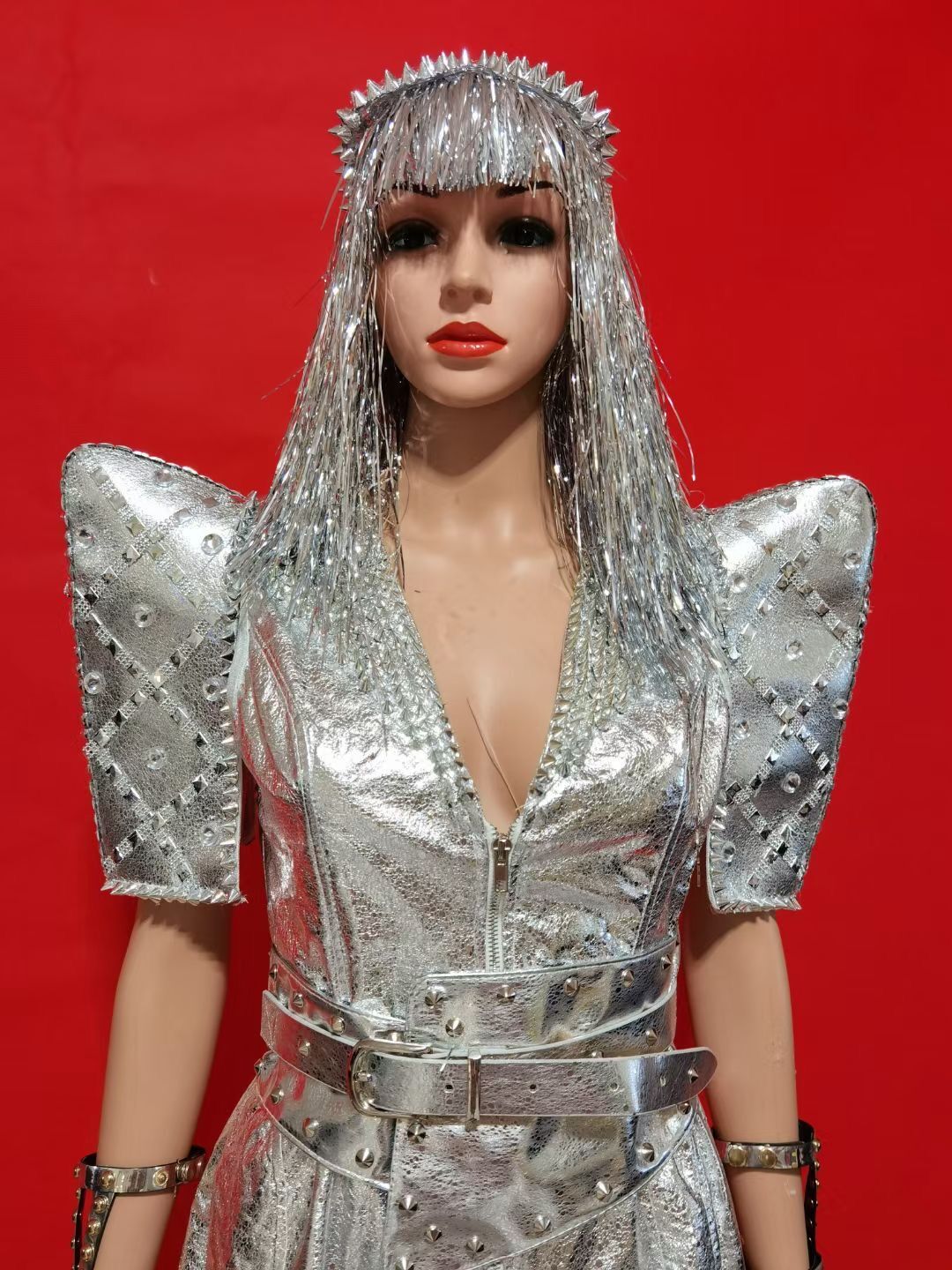 Silver Rivets Rhinestones Jacket Pants Evening Outfit Set Women Dance Prom Performance Birthday Celebrate Costume Set