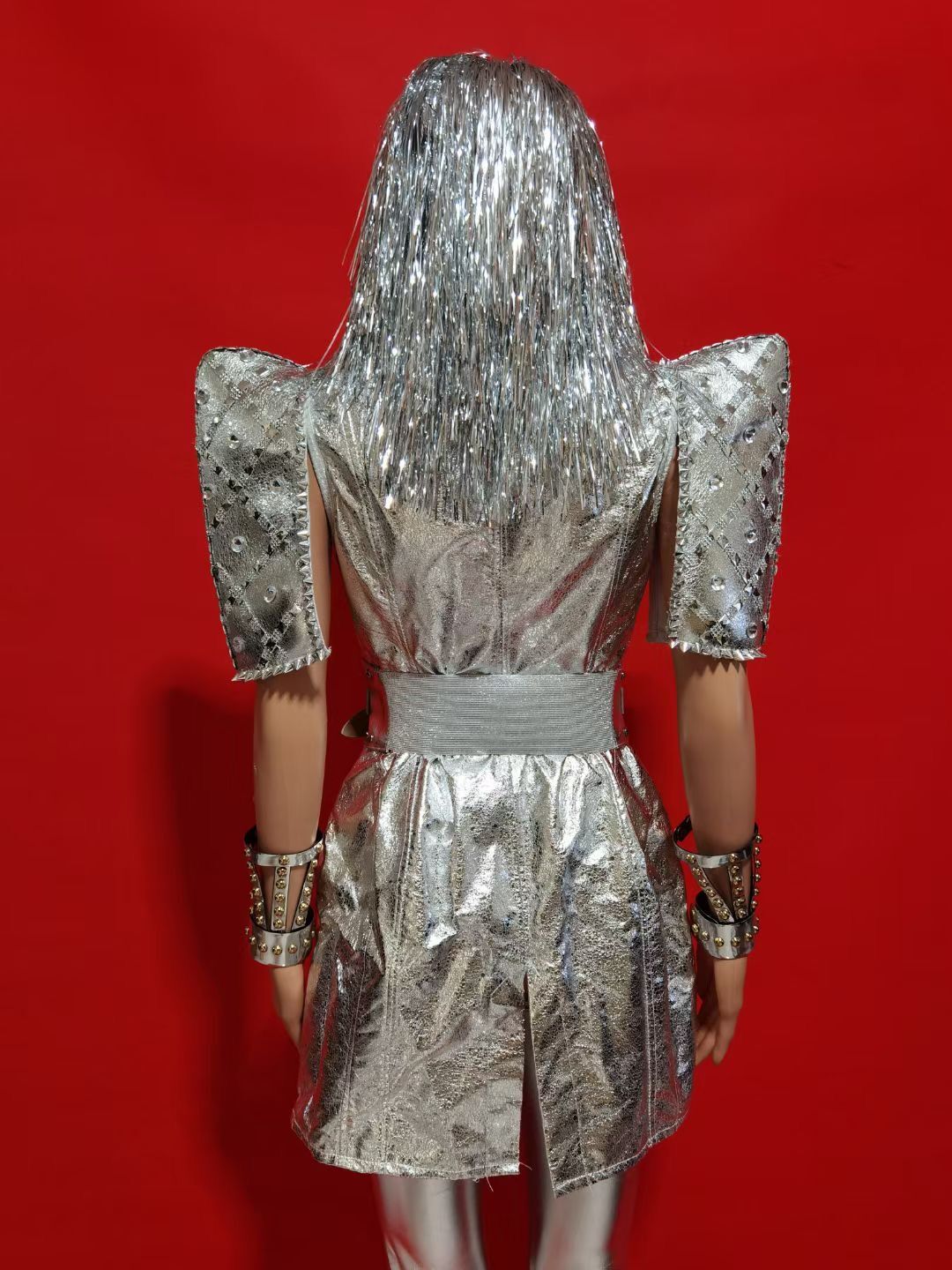 Silver Rivets Rhinestones Jacket Pants Evening Outfit Set Women Dance Prom Performance Birthday Celebrate Costume Set