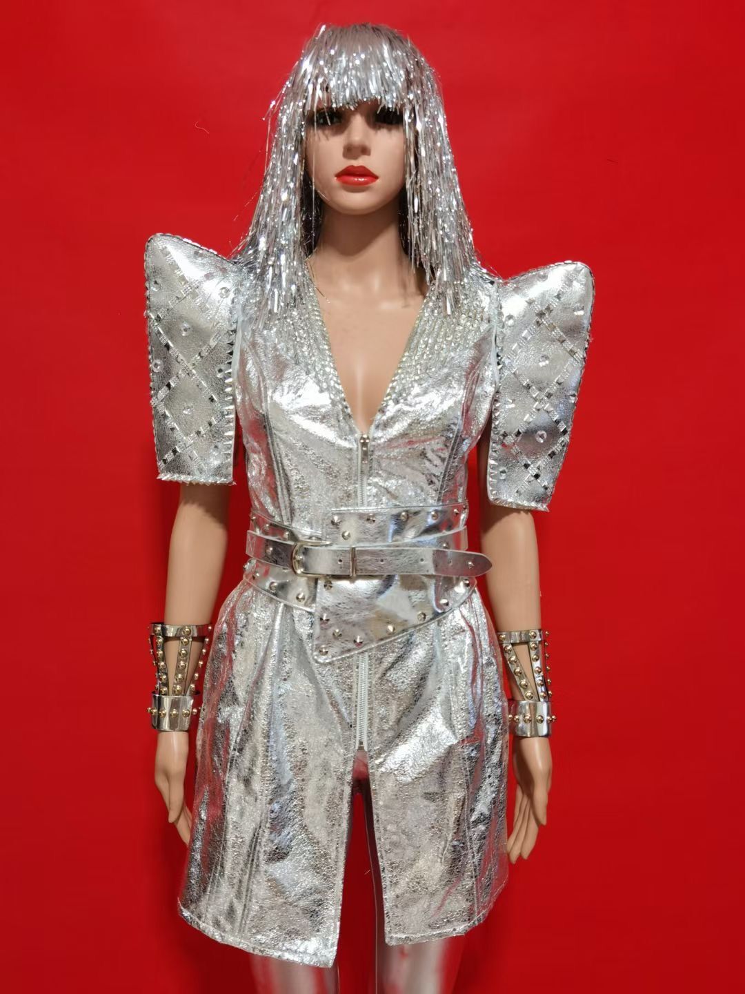 Silver Rivets Rhinestones Jacket Pants Evening Outfit Set Women Dance Prom Performance Birthday Celebrate Costume Set